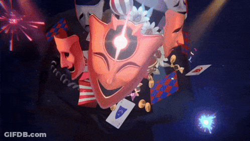 Red Mask Surrounded By Playing Cards And Coins GIF