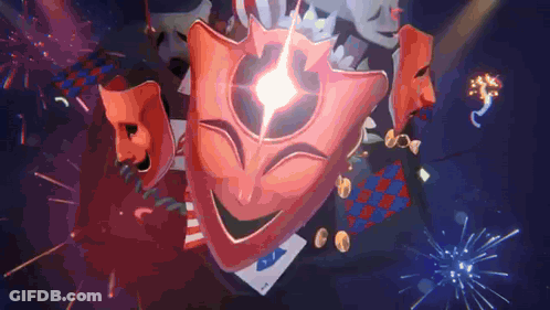 Red Mask With Crown Surrounded By Fireworks And Playing Cards GIF
