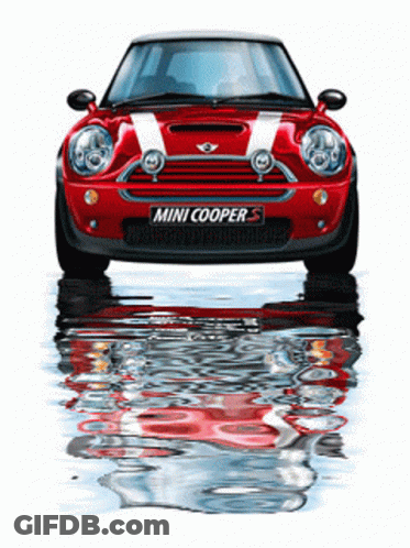 Red Mini Cooper Reflected In Water GIF