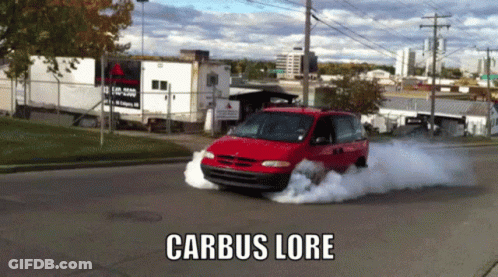 Red Minivan Driving With Smoke And Carbus Lore GIF
