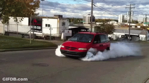 Red Minivan Driving With Smoke From Tires GIF