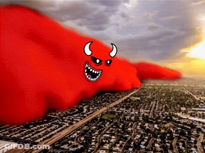 Red Monster Rising From Clouds Over City GIF