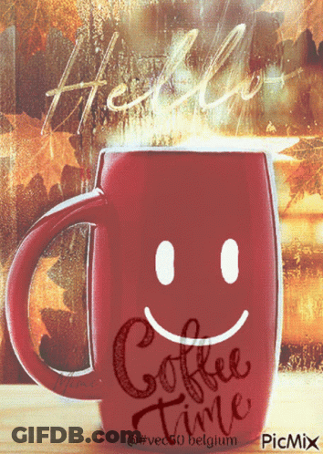 Red Mug Saying Coffee Time With Smiling Face GIF