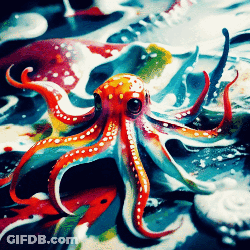 Red Octopus With Sad Face On Black Background GIF