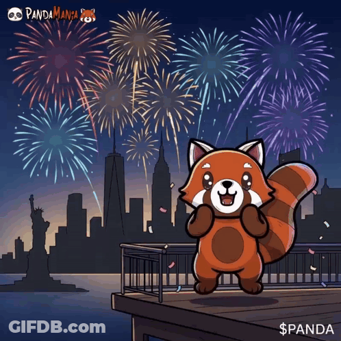 Red Panda Fireworks Display With Panda Text GIF
