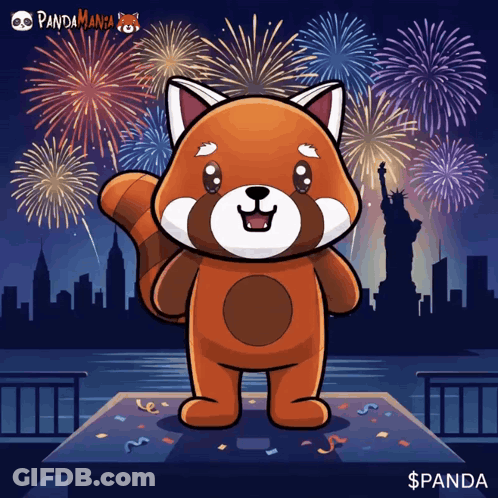 Red Panda Standing In Front Of Fireworks Saying Panda GIF