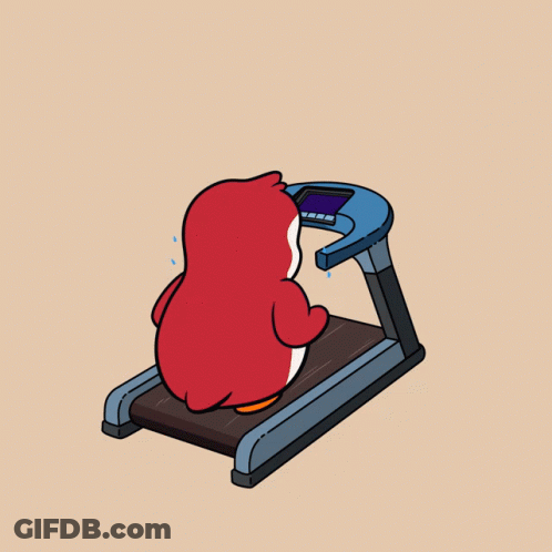 Red Penguin Running On Treadmill GIF