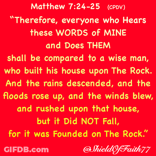 Red Poster With Bible Verse Matthew 7:24-25 GIF