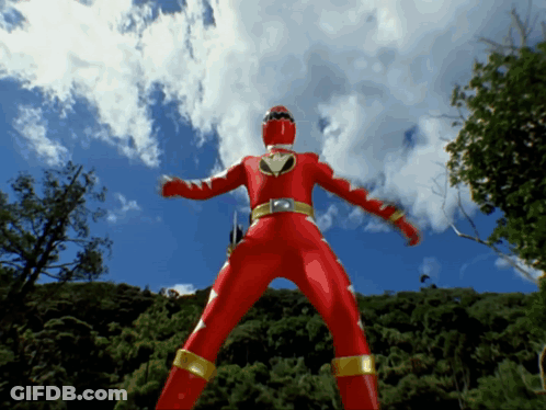 Red Power Ranger In Front Of Blue Sky And Trees GIF
