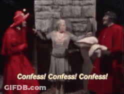 Red Robe Man Says Confess Gray Dress Woman GIF