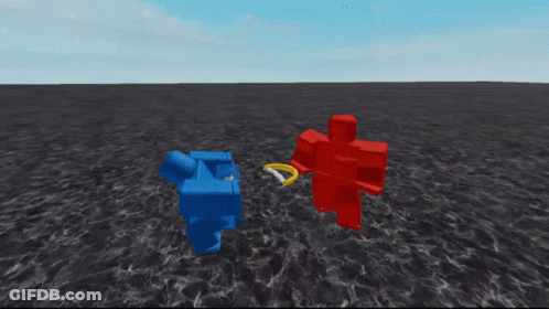 Red Roblox Character Standing Beside Blue Roblox Character Laying GIF