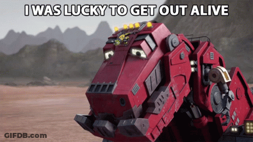 Red Robot Saying I Was Lucky To Get Out Alive GIF