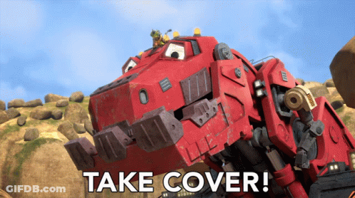 Red Robot Saying Take Cover GIF
