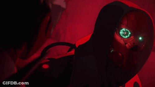 Red Robot With Green Eyes And Hood GIF