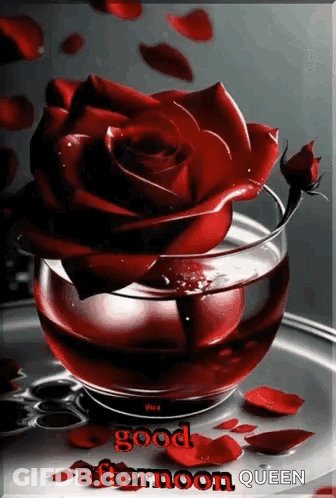 Red Rose In Water With Good Afternoon Queen GIF