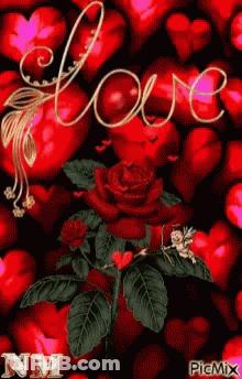 Red Rose Surrounded By Hearts Saying Love GIF