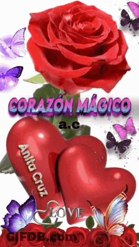 Red Rose With Butterflies Hearts Corazon Magico A.C GIF