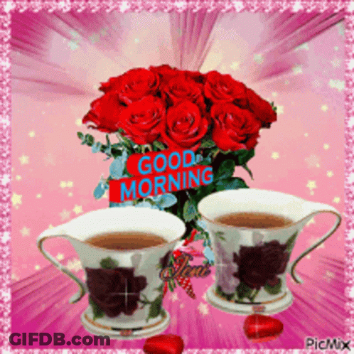 Red Roses And Coffee Cups Good Morning GIF