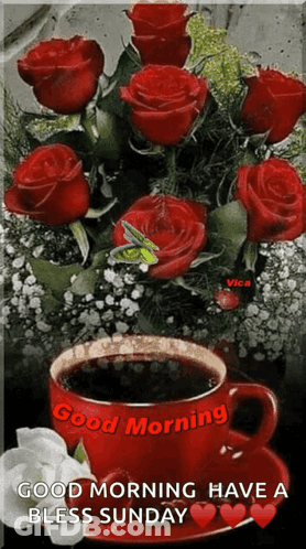 Red Roses Bouquet And Coffee Good Morning Have A Bless Sunday GIF