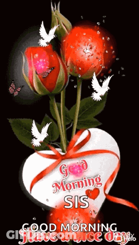 Red Roses Bouquet In Heart Vase Good Morning Sis GIF