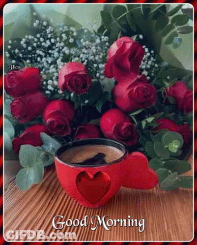 Red Roses Bouquet Next To Coffee With Heart GIF