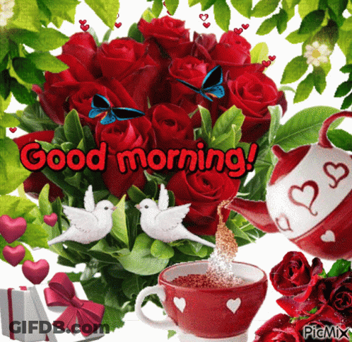 Red Roses Bouquet With Coffee Cup And Teapot Saying Good Morning GIF