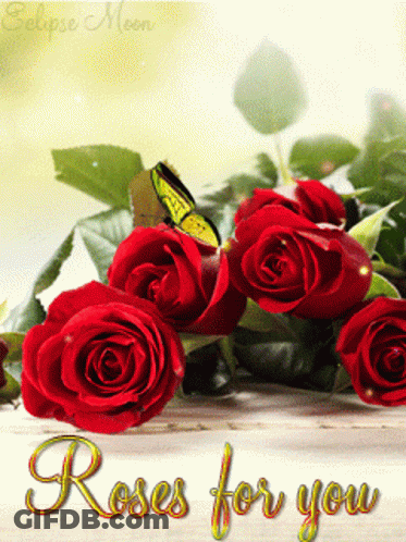 Red Roses Bouquet With Yellow Butterfly Saying Roses For You GIF