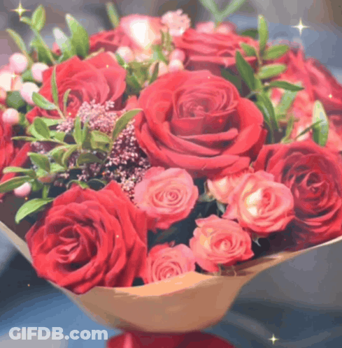 Red Roses Pink Flowers Green Leaves Bouquet GIF