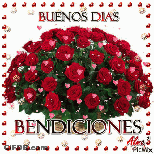 Red Roses With Hearts Buenos Dias Bendiciones GIF
