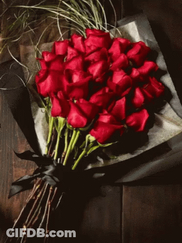 Red Roses Wrapped In Black Paper With Black Ribbon GIF