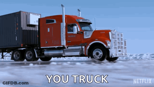 Red Semi Truck Driving On Ice Saying You Truck GIF