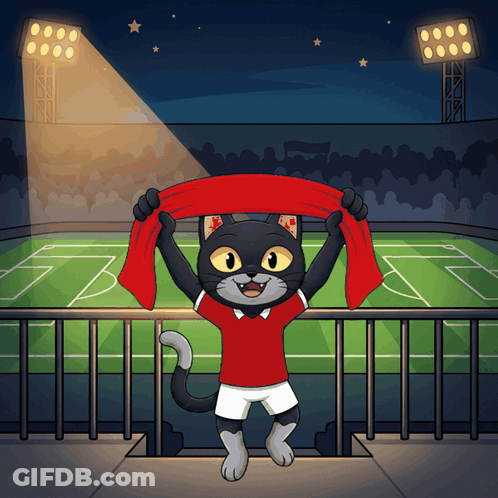 Red Shirt Cat Holding Red Scarf Soccer Field GIF