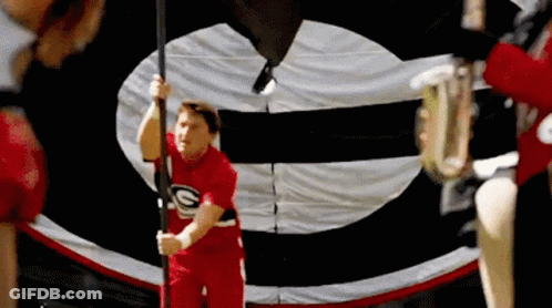 Red Shirt Man Holding Flag With Letter G GIF