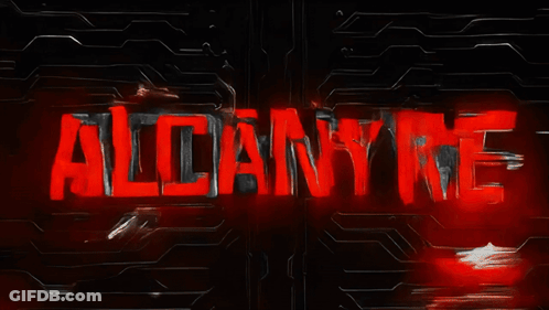 Red Sign Saying Alcanyne On Dark Background GIF