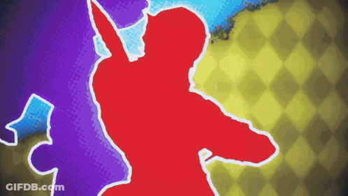 Red Silhouette Man Holding Sword On Purple And Yellow Background GIF