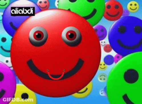Red Smiley Surrounded By Colorful Smileys And Aliabdi Logo GIF
