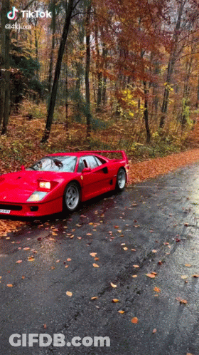 Red Sports Car Driving Down Leafy Road GIF