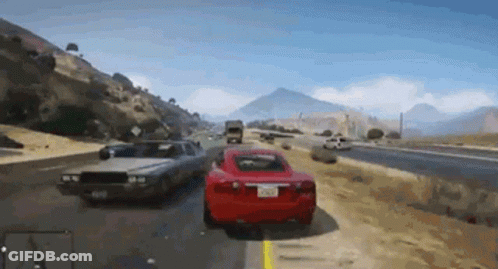 Red Sports Car Driving Next To Silver Car On Highway GIF