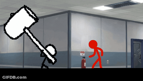 Red Stick Figure Walking Near Fire Extinguisher And Hammer GIF