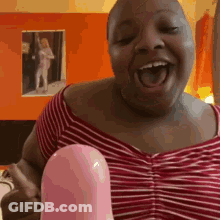 Red Striped Shirt Woman Laughing With Pink Balloon GIF