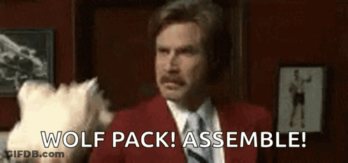 Red Suit Man With Stuffed Animal Says Wolf Pack Assemble GIF