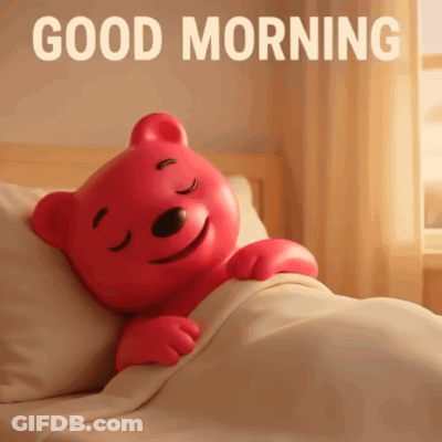 Red Teddy Bear Lying In Bed GIF