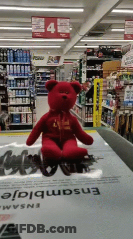 Red Teddy Bear Sitting In Store GIF