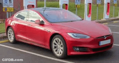 Red Tesla Model S At Charging Station GIF