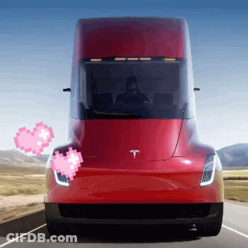 Red Tesla Truck Driving With Two Pink Hearts GIF