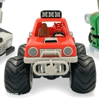 Red Toy Truck With Flame Beside Green Truck GIF