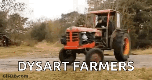 Red Tractor Driving Down Dirt Road Dysart Farmers GIF