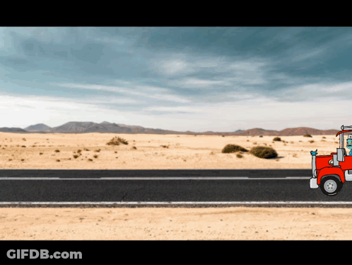 Red Truck Driving Desert Road Mountains GIF