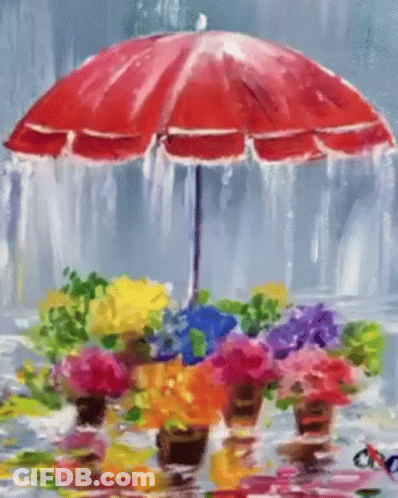 Red Umbrella Surrounded By Potted Flowers In Rain GIF