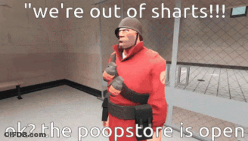 Red Uniform Man: We're Out Of Shorts Poopstore Open GIF